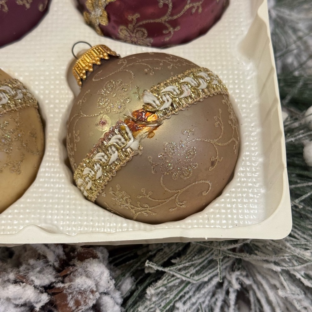 Vintage Christmas By Krebs 8 - Purple Gold Glass Ornaments W/Glitter & Ribbon - Picture 8 of 11